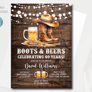 Modello di invito modificabile per il 40° compleanno di Boots and Beers / Invito di compleanno per adulti in stile western / Tutto il testo è modificabile / Download immediato