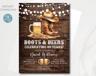 May include: A rustic brown wood background with a string of white lights. A pair of brown cowboy boots with a brown cowboy hat on top of the boots. A glass of beer with a white foam head. The text "Boots & Beers Celebrating 40 Years!" is in white letters. The text "Join us to celebrate David Williams" is in white letters. The text "Saturday September 25th at 6:00 PM" is in white letters. The text "Best Place 321 Lake Street New York, NY 43434" is in white letters. The text "RSVP to Emma at 123-456-7890" is in white letters.