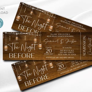 May include: A stack of rehearsal dinner invitations with a rustic wood-grain design. The invitations feature the text "The Night Before" and details for the event, including the date, time, and location. Lanterns and string lights decorate the top.