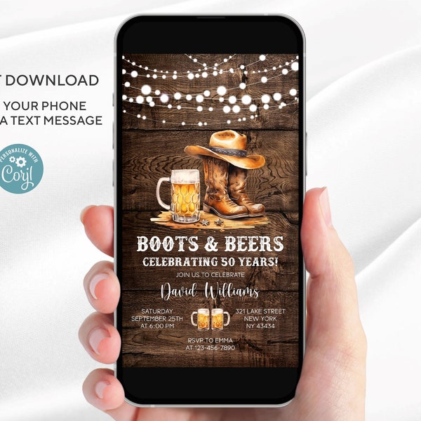 Electronic Boots and Beers Man 50th Birthday invitation | Rustic Editable Template |  Adult Western Birthday Invitation | Instant download