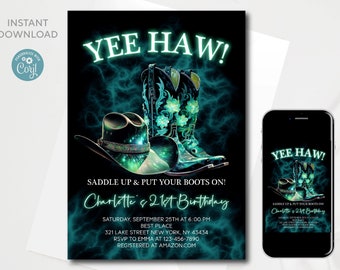 Editable Western Cowgirl Neon Birthday Invitation (Digital Download)
