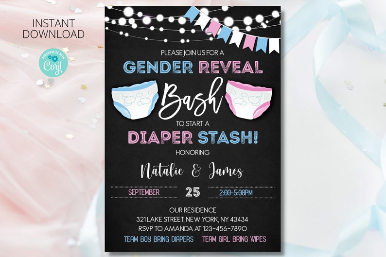 Online Editable Gender Reveal Diaper Invitation Diaper Baby Etsy