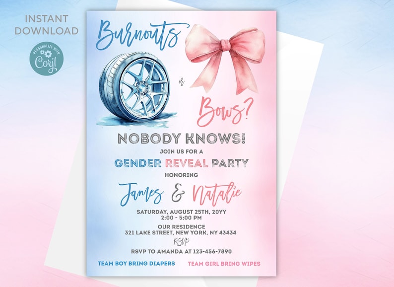 Editable Burnouts or Bows Gender Reveal Invitation (Digital) image 2