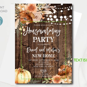 May include: A rustic wood background with a fall floral design and string lights. The text reads "Please join us for a Housewarming Party to celebrate Daniel and Maria's New Home. Saturday, September 20, 2024 at 5:00 PM, 321 Lake Street, New York, NY 43434. RSVP to Olivia at 012-3456-7890. Text is editable."