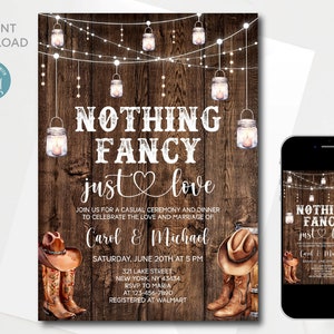 Western nichts Fancy Just Love Einladung Vorlage, bearbeitbare Cowboy und Cowgirl Hochzeitseinladung, Instant Download