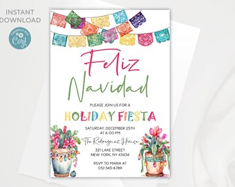 Può includere: Un invito festivo con le parole "Feliz Navidad" in corsivo rosa e verde. Striscioni colorati di papel picado sono appesi sopra il testo. L'invito include i dettagli per una "Holiday Fiesta" e presenta cactus ad acquerello.