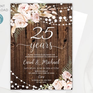 Hochzeitseinladung 25. Hochzeitstag | Bearbeitbare Einladungsvorlage zum 25-jährigen Jubiläum | Rustikale Casual Einladung | Sofort Download