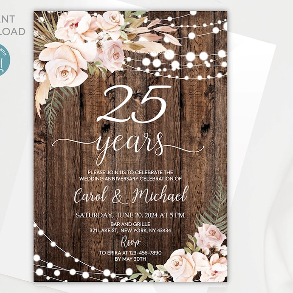 25th Wedding Anniversary Invitation | Editable 25th Anniversary Invitation template | Rustic Casual Invitation | Instant Download