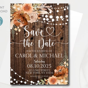 Modèle modifiable « Save the Date » rustique avec carte RSVP, invitation « Save the Date » d'automne rustique, téléchargement immédiat