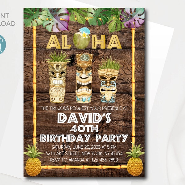 Editable Hawaiian Tiki Gods Birthday Invitation template | Tiki Luau Birthday Invitation | Any age | Instant download