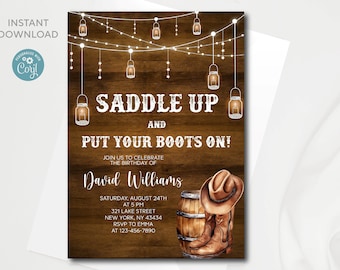 Editable Western Birthday invitation for man | Digital template | Saddle up and put your boots on | Instant download