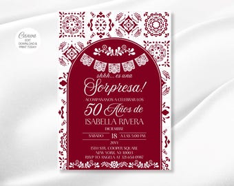 Editable 50th Surprise Birthday Invitation: Burgundy, Spanish Sorpresa Mexican Papel Picado Theme (Canva)