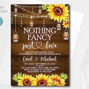 Editable Rustic Nothing Fancy Just Love invitation template | Casual Party Invitation with sunflowers and Mason Jar | Instant Download