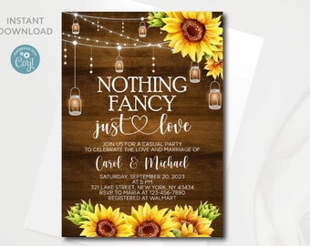 Editable Rustic Nothing Fancy Just Love invitation template | Casual Party Invitation with sunflowers and Mason Jar | Instant Download