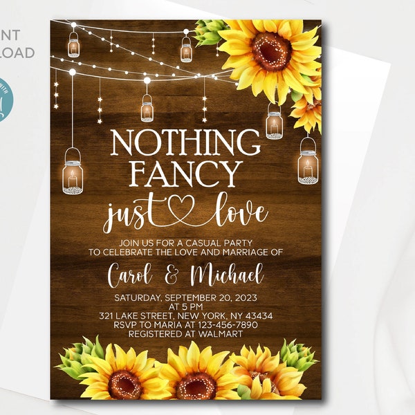 Editable Rustic Nothing Fancy Just Love invitation template | Casual Party Invitation with sunflowers and Mason Jar | Instant Download