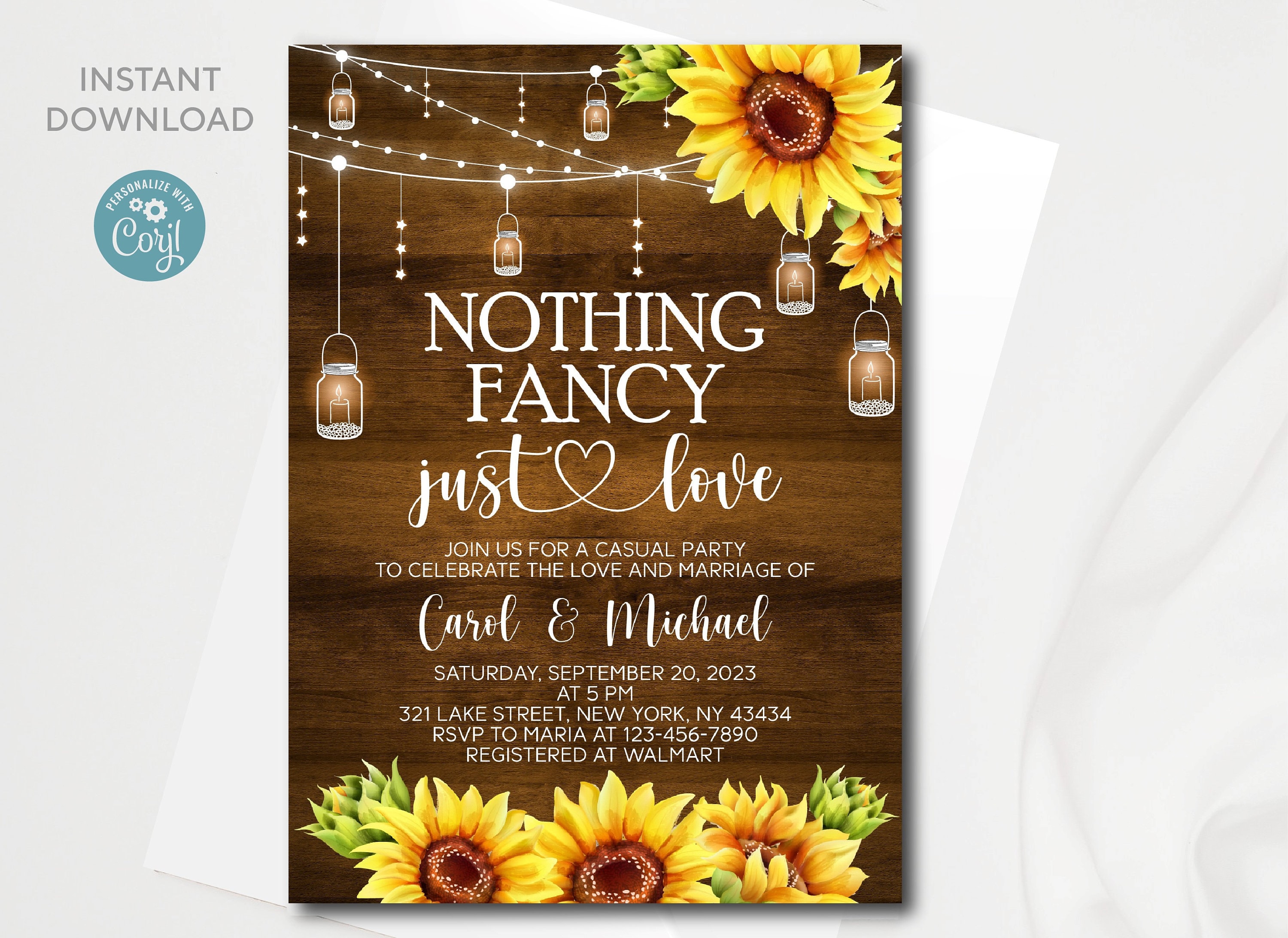 Rustic Sunflower Party Invitation Template: Mason Jar Design (Digital Download)