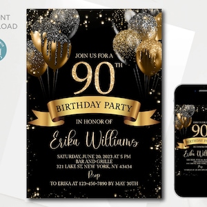 Modèle numérique modifiable d'invitation pour le 90e anniversaire | Quatre-vingt-dix | Tout âge | Ballons scintillants dorés noirs | Imprimable | Téléchargement instantané