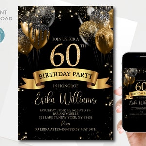 60th Birthday invitation, Black Gold Glitter Sparkle Balloons, black background, gold ribbon.