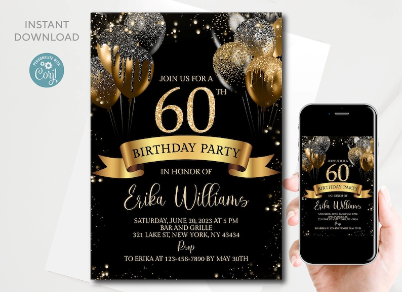 60th Birthday invitation, Black Gold Glitter Sparkle Balloons, black background, gold ribbon.