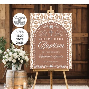 Terracotta Papel Picado Baptism Welcome Sign: Mexican Fiesta, Editable Canva Template (PDF Download)