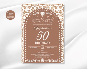 Mexican Birthday Fiesta Invitation: Talavera Tile, Papel Picado (Canva Template) (Digital Download)