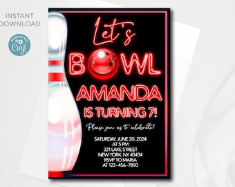 Editable Bowling Birthday Party Invitation Template (Digital Download)
