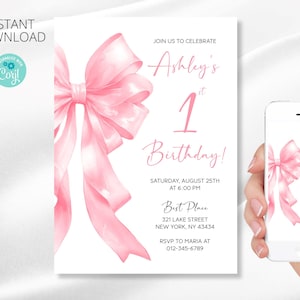 Editable Coquette 1st Birthday Party invitation | First Birthday invite template | Minimalist Pink Bow invitation | Instant download