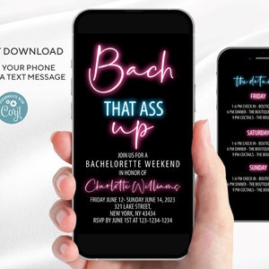 Editable Electronic Neon Bach That Ass Up Bachelorette Weekend Itinerary Template | Neon pink | All text is editable | Instant Download