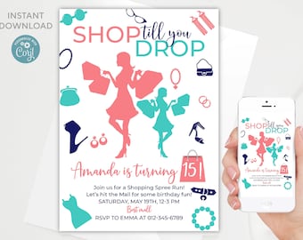 Shop Till You Drop Birthday Invitation: Editable Girl Template (Digital Download)