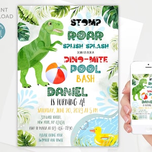 Dinosaur Pool Party Invitation: T-Rex Birthday, Editable Template (Digital Download)