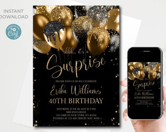 Surprise 40th Birthday Invitation: Black Gold Balloons (Editable Digital Template)