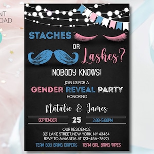 Staches or Lashes Gender Reveal Invitation digital template | Lashes or stashes Invitation | Blue or Pink | Boy or Girl | Editable Printable