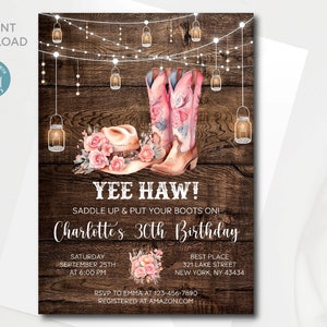 Convite editável de aniversário de cowgirl ocidental | Modelo de convite rústico para 30º aniversário | Prepare-se e calce suas botas | Download instantâneo