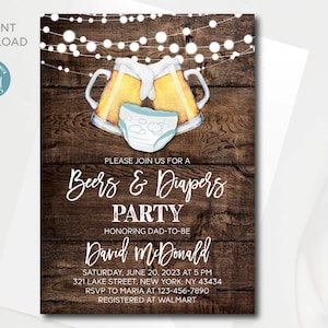 May include: A rustic wood background with string lights, two beer mugs with diapers on top, and the text "Please join us for a Beers & Diapers Party honoring Dad-to-be David McDonald. Saturday, June 20, 2023 at 5 PM, 321 Lake Street, New York, NY 43434, RSVP to Maria at 123-456-7890, Registered at Walmart."