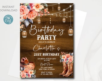 Southwestern Rustic Cowgirl 21st Birthday invitation | Editable Digital template | Instant download