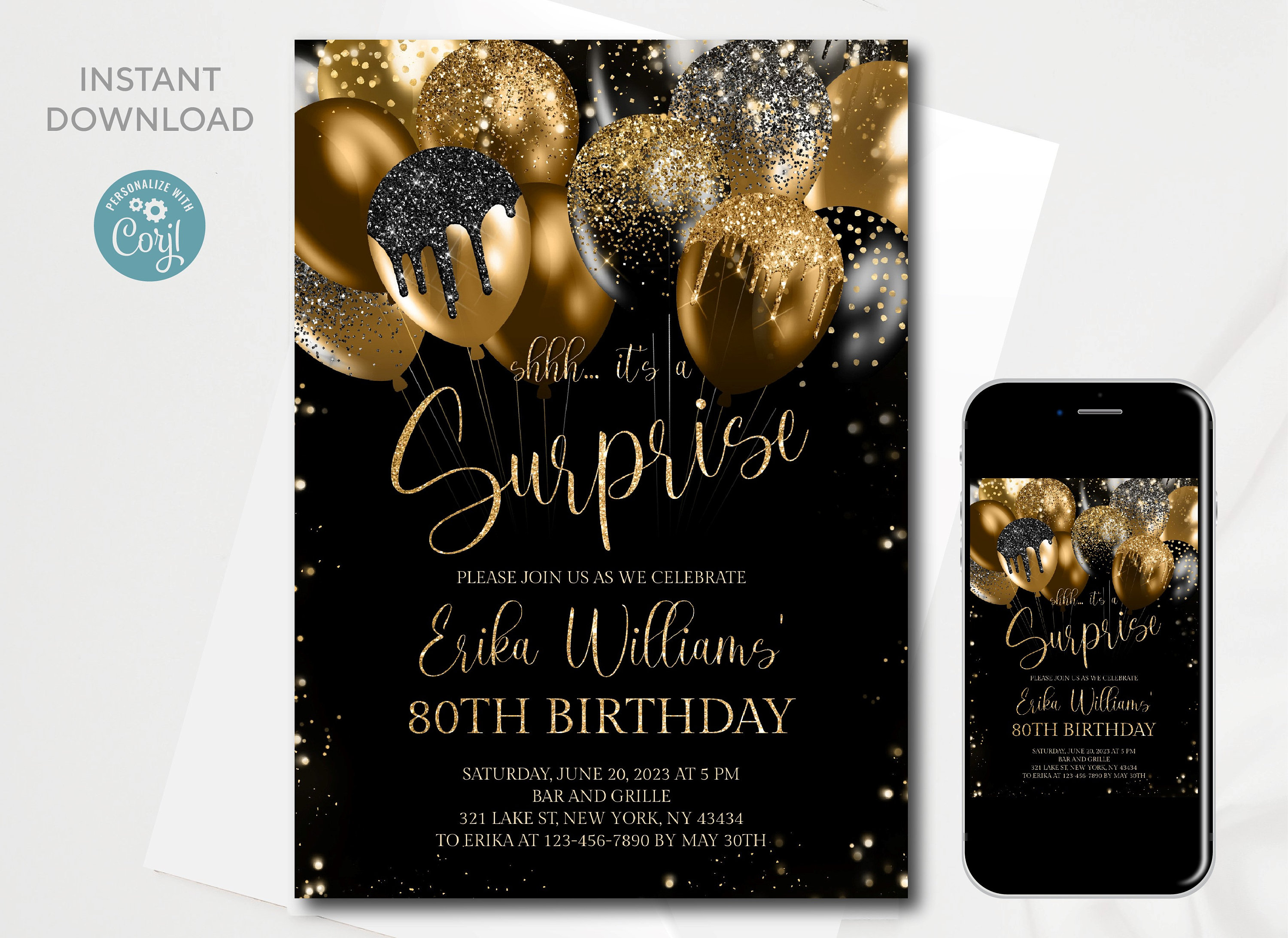 Editable 80th Surprise Birthday Invitation. INSTANT DOWNLOAD