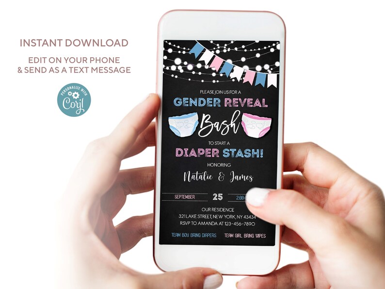 Online Editable Gender Reveal Diaper Invitation Diaper Baby Etsy