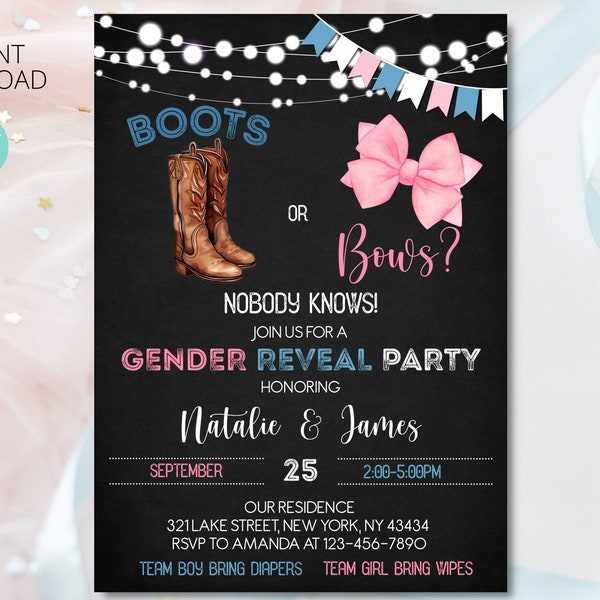 Boots or Bows Gender Reveal Invitation digital template | Boots or Bows Invitation | Blue or Pink | Boy or Girl | Editable Printable