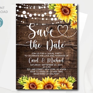 Modèle réservez la date rustique modifiable avec des tournesols, invitation de réserve de date en bois de pays, téléchargement immédiat
