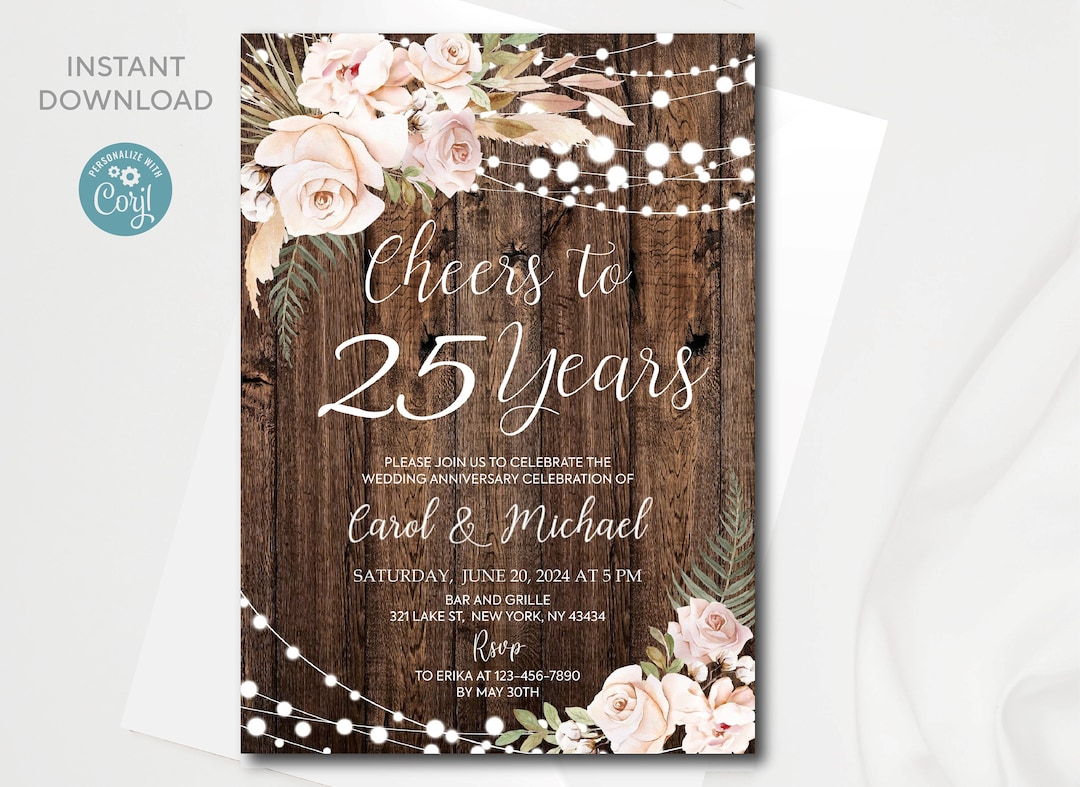 Cheers to 25 Years Wedding Anniversary Invitation Editable 25th
