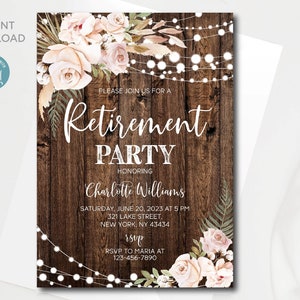 Rustic Floral Retirement Party Invitation Template (Digital Download)