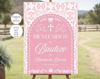 Spanisch Bautizo Willkommensschild, bearbeitbares Taufe Poster, rosa Papel Picado Canva Vorlage