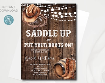 Invitación de cumpleaños del oeste: Botas de vaquero, plantilla editable (descarga digital)