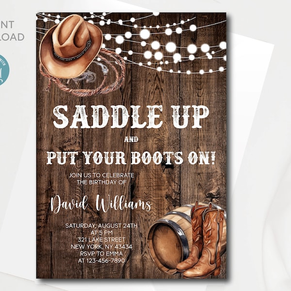 Western Birthday Invitation: Cowboy Boots, Editable Template (Digital Download)