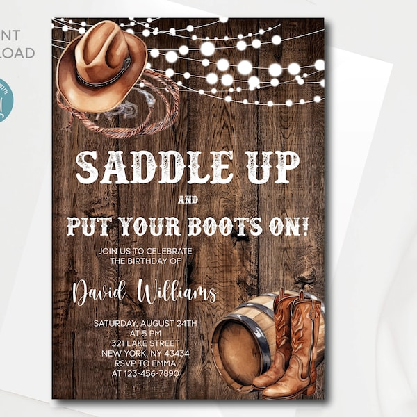 Western Birthday invitation | Editable Digital template | Saddle up and put your boots on | Instant download