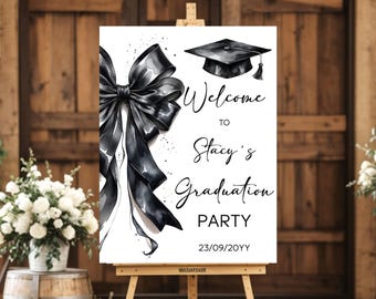 Modelo de placa de boas-vindas para festa de formatura com laço preto (download digital)