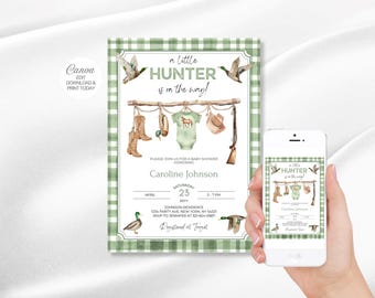 Little Hunter Editable Invite, Duck Hunting Theme, Green Gingham, Instant Download, Canva template