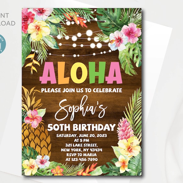 Editable Aloha Birthday Invitation template | Hawaiian Birthday Invitation | Gold pineapple | All text is editable | Instant download