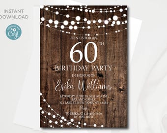 Editable 60th Birthday Invitation: Rustic Template (Digital Download)