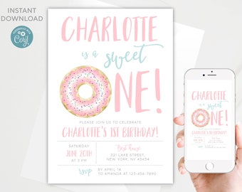 Donut 1st Birthday Invitation Template: Editable Sweet One (Digital Download)